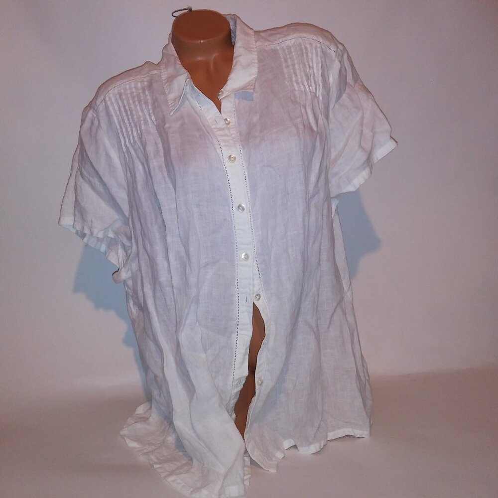 Lands' End Short Sleeve Linen Blouse 3X Petite 24W 26W 100% Linen White